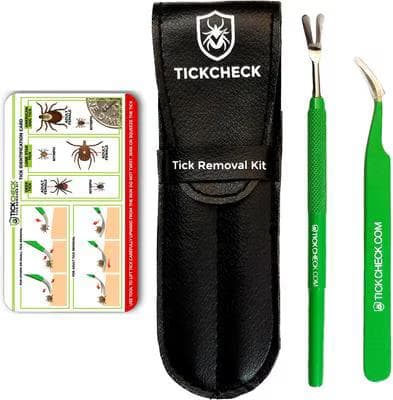 TickCheck Premium Dog Tick Removal Kit with case, two removal tools, and a tick identification card